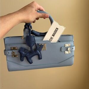 Steve Madden Powder Blue Leather Top-Handle Satchel with Navy Charm